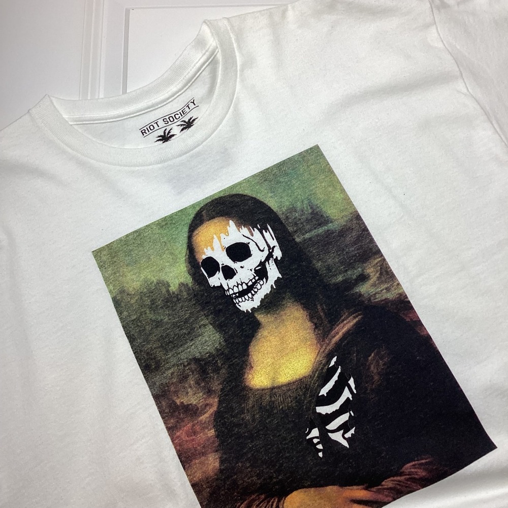 Riot Society Mens Mona Lisa Skeleton Graphic T-Shirt White XL Streetwear Art Tee